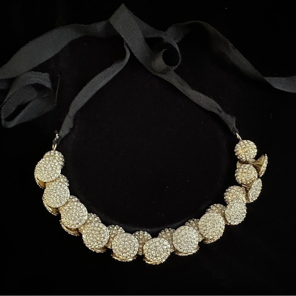 Chic Gold Circle Necklace Ann Taylor black Ribbon adjustable
